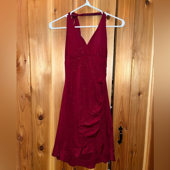 Tie-Up Halter Sparkly Red Dress - Picture 2 of 4